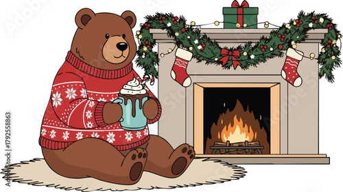 A brown bear wearing a red sweater sits by a festively decorated fireplace holding a cup with a warm and cozy mood.