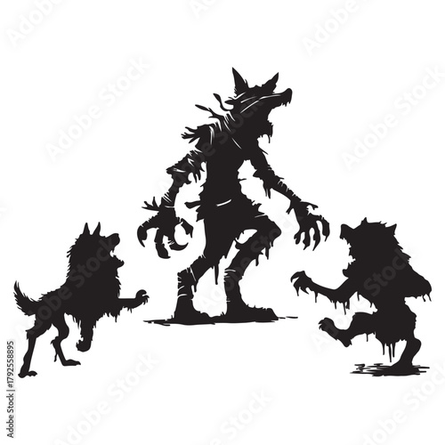 HALLOWEEN BLACK AND WHITE VECTOR GRAPHICS OF AN ANGRY WOLF ZOMBIE DESIGN