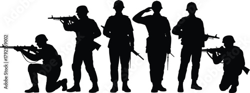 Soldier silhouette vector collection, black military icons, rifle poses, kneeling and standing stances, army design elements, combat illustration, white background