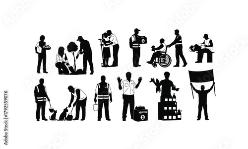 Diverse group of charity workers in silhouette representing global aid and community support isolated on white background