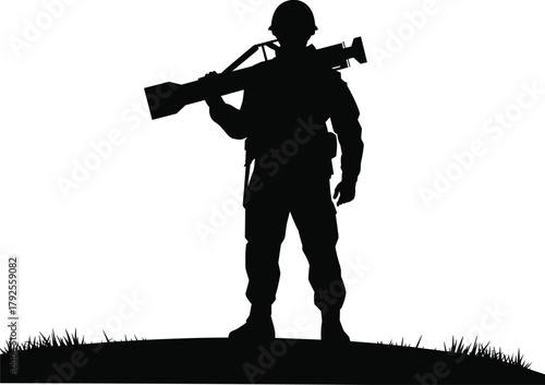 Soldier silhouette standing on ground, military man holding weapon on shoulder, army defense concept vector illustration, war hero tribute design, black silhouette art