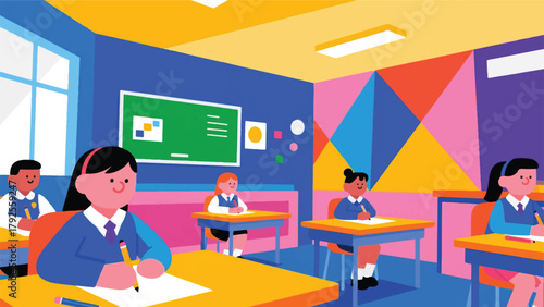 Illustration Of Students Sitting While Working In Class Vector Design Template