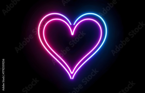 Glowing neon heart shining in the dark night.