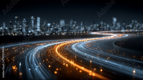 Fototapeta Naklejka Na Ścianę i Meble -  Abstract data streams flowing into a modern city skyline at night illustration