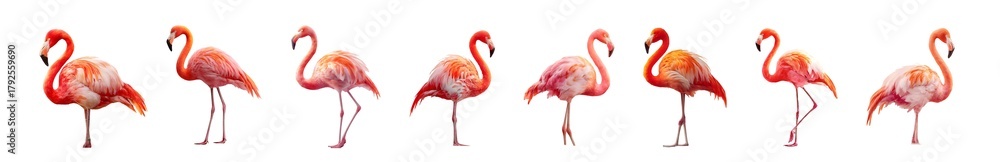 Obraz premium A line of seven vibrant pink flamingos standing on one leg against a white background.