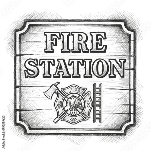 Vintage Fire Station Sign Illustration in Woodcut Style with Firefighter Tools