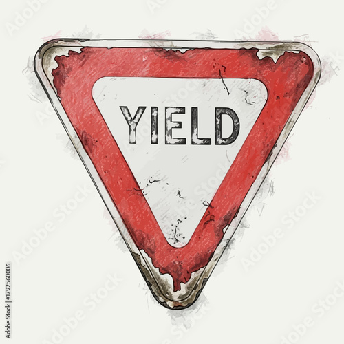 Watercolor Illustration of a Weathered Yield Sign on Neutral Background