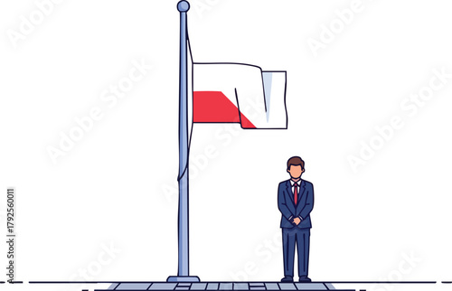 A man in a suit stands solemnly next to a flagpole with a flag at half-mast, paying tribute in a simple, illustrative style with a somber mood.