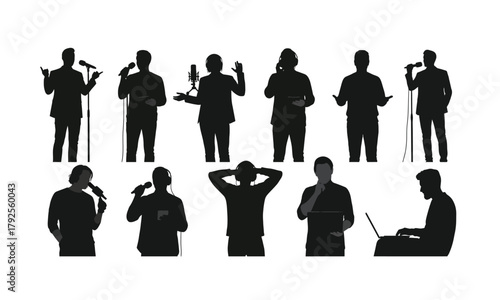A diverse collection of podcaster silhouettes in various poses isolated on white background