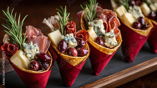 Gourmet charcuterie cones on display; assorted cheeses, cured meats, olives and garnishes, presented elegantly. A feast for the eyes and palate.