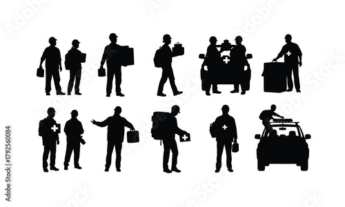 Collection of diverse relief worker silhouettes in action isolated on white background