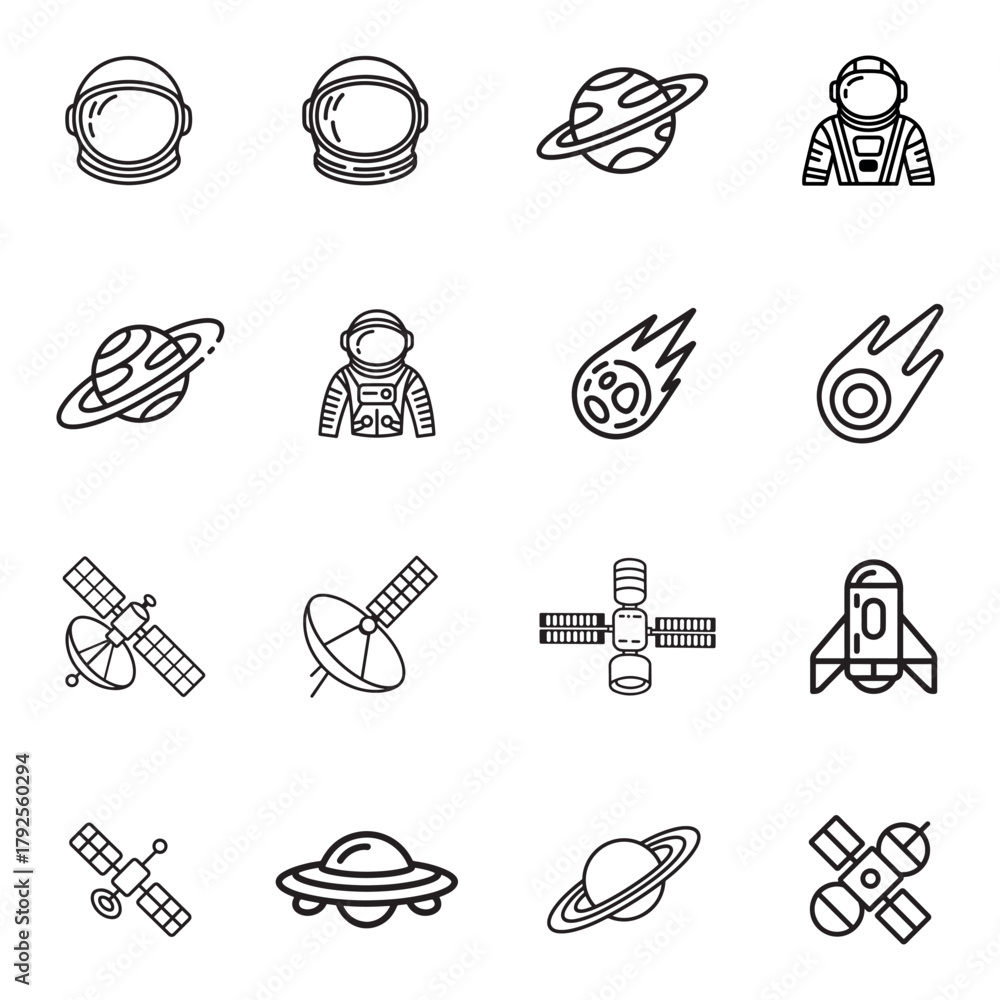 Fototapeta premium Collection of space and astronomy icons featuring celestial bodies and scientific instruments silhouette