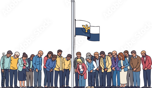 Diverse crowd of people standing in a line with their heads bowed in respect as a flag flies at half-mast behind them on a memorial or tribute day.