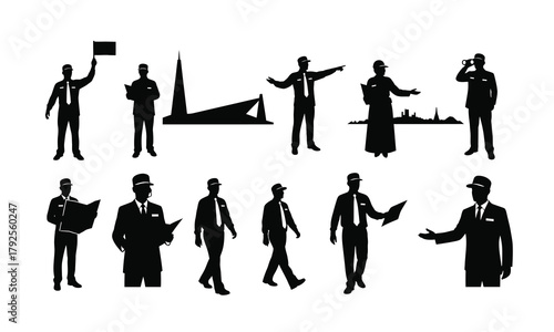 Collection of silhouette tour guide icons and symbols isolated on white background