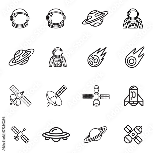 Collection of space and astronomy icons featuring celestial bodies and scientific instruments silhouette