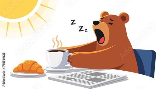 A cartoon bear yawns while sitting at a desk with a Starbucks bearista cup and a croissant on a plate in a bright setting.