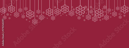 Festive holiday border/banner with white hanging snowflakes of varying sizes suspended by thin lines against a deep red background. Simple, elegant design suitable for Christmas, New Year