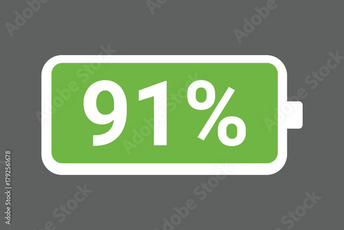 Green Battery Icon Showing 91% Charge – Full Power Level digital Stock Image