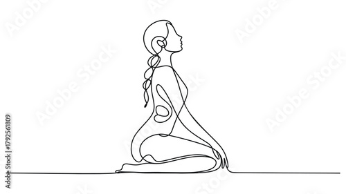 continuous line drawing of seated person with braided hair in meditative pose, representing calmness, mindfulness and inner peace