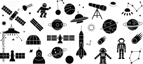Space exploration vector illustration with astronaut, rocket, planets, satellite, telescope, UFO, galaxy, and constellations, astronomy science concept in flat silhouette design