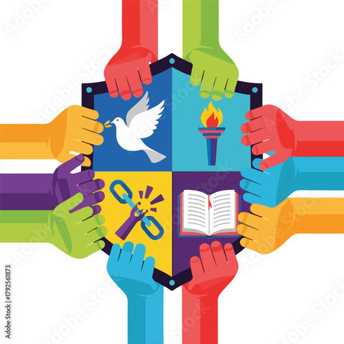 Multicolored hands holding a divided square with symbols for Human Rights Day on a white background with a hopeful mood.