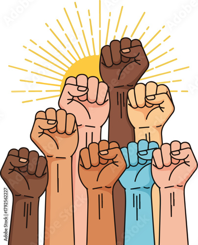Illustration of diverse fists raised in unity with a sunburst behind them, symbolizing Human Rights Day and solidarity.