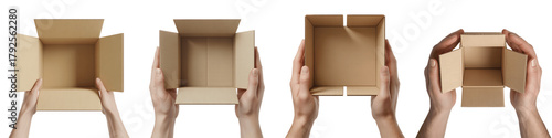 Quadro em tela Four open cardboard boxes held by hands isolated on transparent background