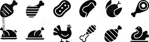 Black and white meat and poultry icons set for culinary, restaurant, food packaging, nutrition, grill, kitchen, and butcher design