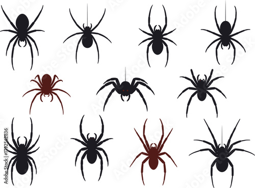 Spider silhouettes vector collection, black and red arachnid icons, creepy insect illustration, Halloween decoration design, scary spider graphic for web and horror themes