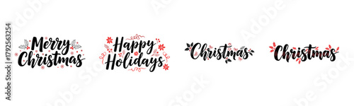 Merry Christmas, Happy Holidays, Happy New Year festive greeting with red holly berries, snowflakes, and elegant script set on transparent background