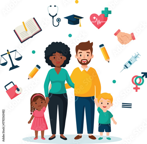 A diverse family of four standing together surrounded by symbols representing education healthcare equality and human rights on a white background with a colorful flat lay composition.