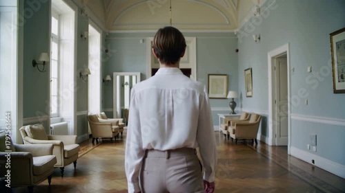 A perfectly centered shot of a hotel lobby with pastel walls and vintage suitcases. The subject walks precisely through the middle as the camera dollies forward. Cinematic live-action, 