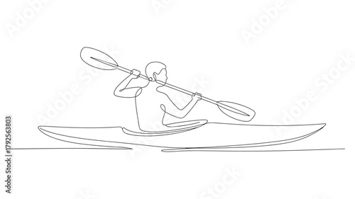 minimalist line drawing of person kayaking with paddle on water, symbolizing adventure, outdoor activity, and water sports in elegant style