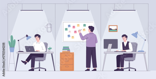 modern office workspace with diverse professionals collaborating, featuring desks, whiteboard, computers, and organized interior design