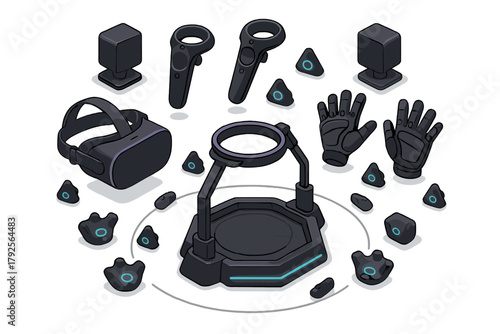 Complete set of virtual reality equipment including VR headset controllers gloves and motion platform