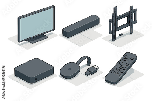 Isometric set of modern home entertainment electronics including TV display, soundbar, streaming box, and remote control