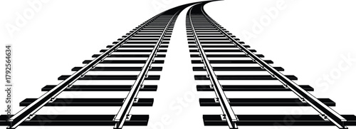 Black and white railway track vector showing curved perspective, parallel lines illusion, vanishing point geometry, optical depth design concept