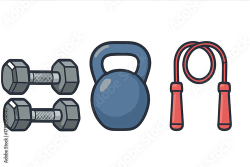Essential gym and fitness equipment set including dumbbells, kettlebell, and jump rope