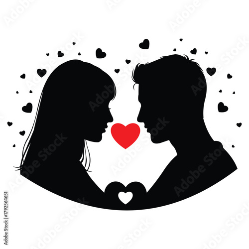 Silhouette of a loving couple facing each other with a red heart in between, vector illustration