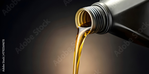 Close-up of viscous engine lubricant flowing smoothly from a container, symbolizing vehicle service and industrial fluid technology