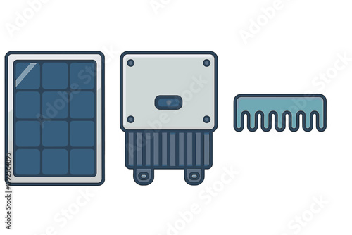 Collection of solar energy system components including photovoltaic panel, power inverter, and heat sink icon set