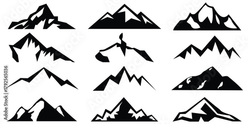 Mountain Silhouette Vector Set – Black Hills, Rocky Peaks, Snowy Ridges, and Outdoor Landscape Illustration