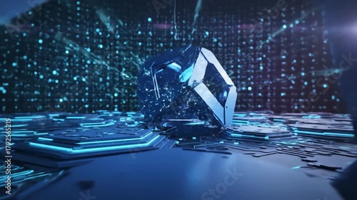 Fragmented techno head embodying consciousness and mind, sitting on a circuit board platform with glowing elements, surrounded by a digital matrix of connecting data points and a vibrant light flare