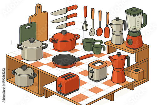 Essential kitchen appliances and cooking utensils arranged on a checkered counter