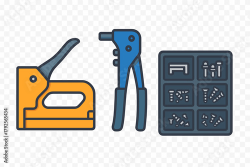 Staple gun, rivet tool, and fastener assortment in a storage container for home improvement