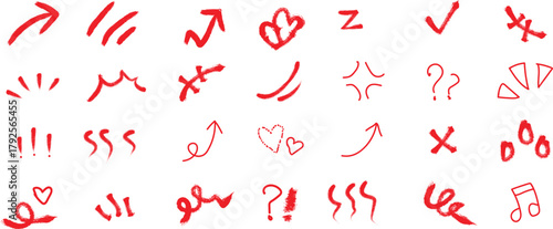 Assorted Red Hand Drawn Doodle Elements and Symbols Keywords: red, doodle, hand drawn, sketch, drawing, graphic, icon, symbol, element