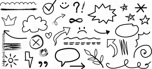 Black Hand Drawn Doodle Elements with Faces and Symbols Keywords: black, doodle, hand drawn, sketch, drawing, graphic, icon, symbol, element