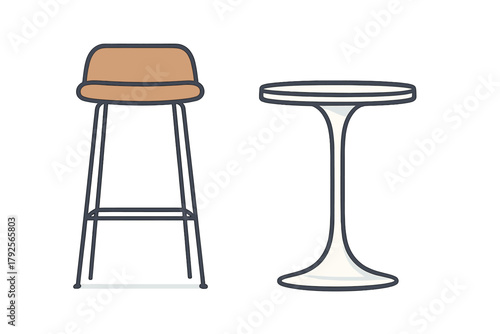 Modern bar stool with wooden seat and metal legs next to a high round table set