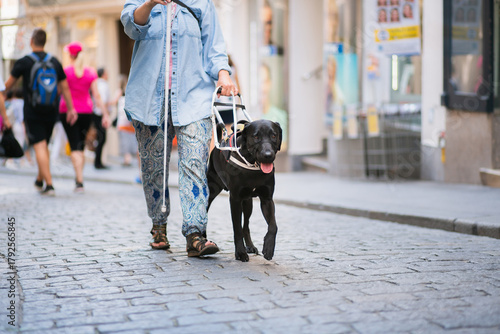 a black labrador retriever blind guide assistance dog walking with a woman holding a white cane on a busy inner city street surrounded by people