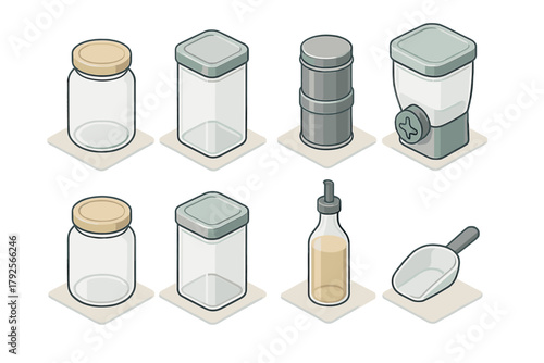 Isometric collection of kitchen storage containers, jars, spice grinder, oil bottle, and scoop for food preparation
